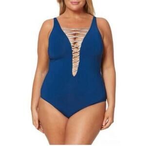 Bleu Rod Beattie Knotty Lace Down One-Piece Swimsuit Navy/Silver Size 18W NWT